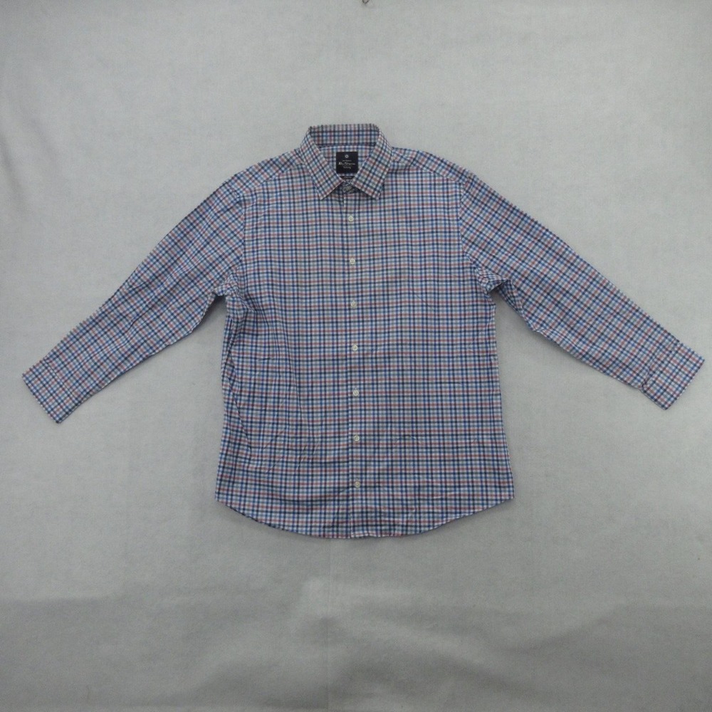 Ben Sherman Shirt Mens XL 17-17.5 Blue Gingham Stretch Dress Long Sleeve 32/33